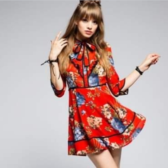 re:named Dresses & Skirts - Floral Tie Neck Ruffle Mini Shirt Dress Women's Size Small